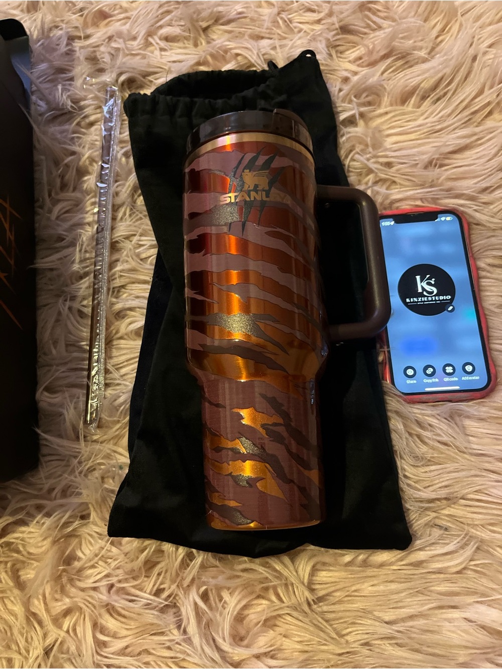 Stanley Metallic Orange Tiger-Stripe Travel Tumbler with Handle